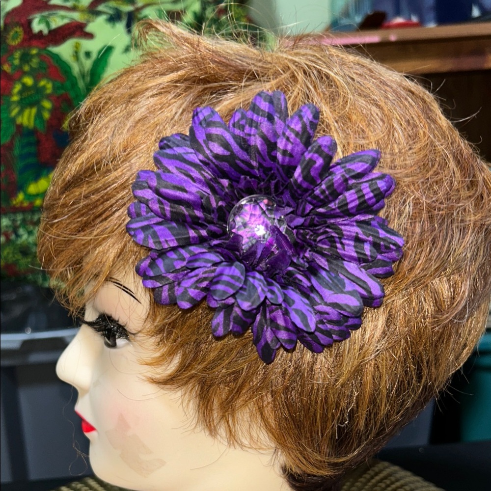 Purple Zebra Flower Hair Clip - Women Accessories in Orange, blue, purple.